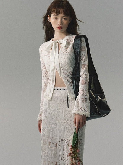 Lace top with long skirt high-end two-piece set