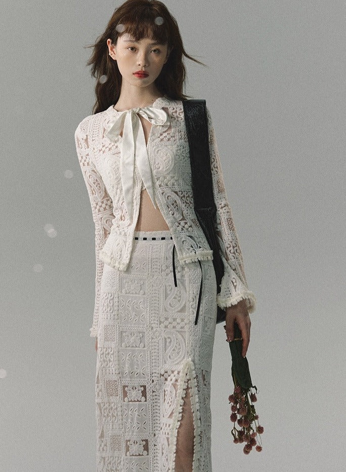 Lace top with long skirt high-end two-piece set