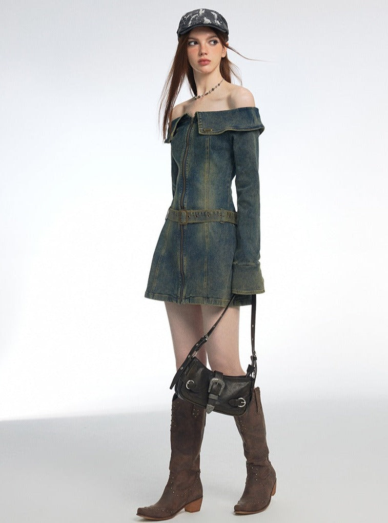 Distressed Washed One-Shoulder Dress