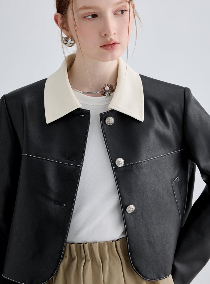 Retro color-blocked lapel short leather jacket