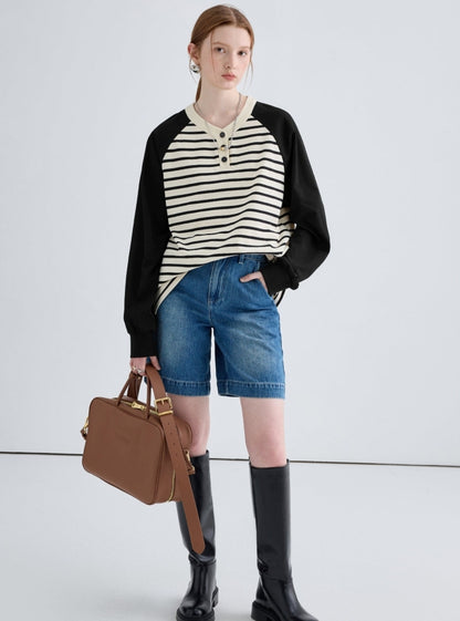 Color-blocked Raglan Striped Sweatshirt