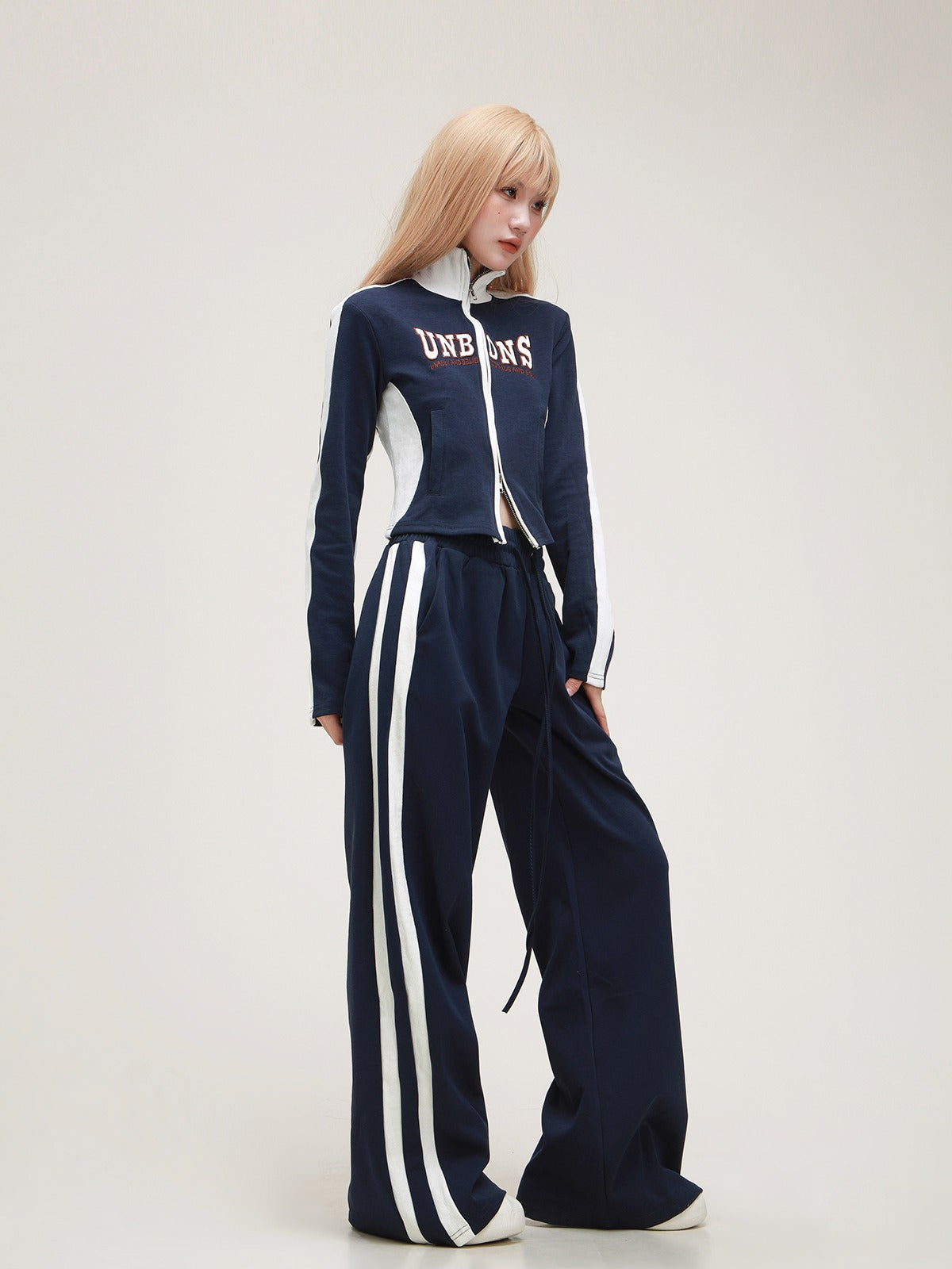 American Striped Stand Collar Jacket Pants Set-up