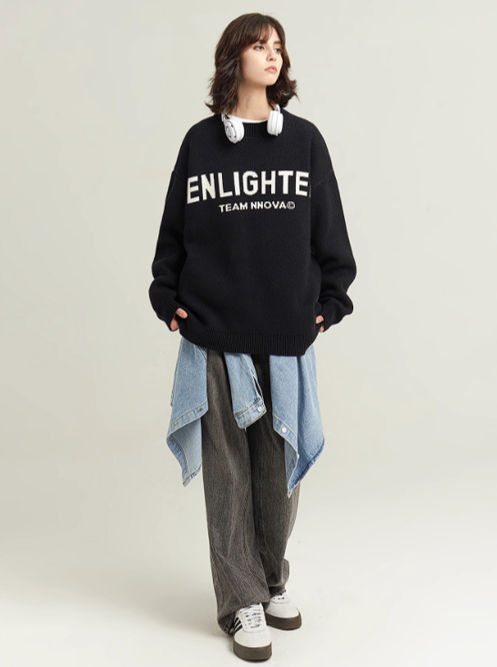 Basic letter crewneck sweater coat