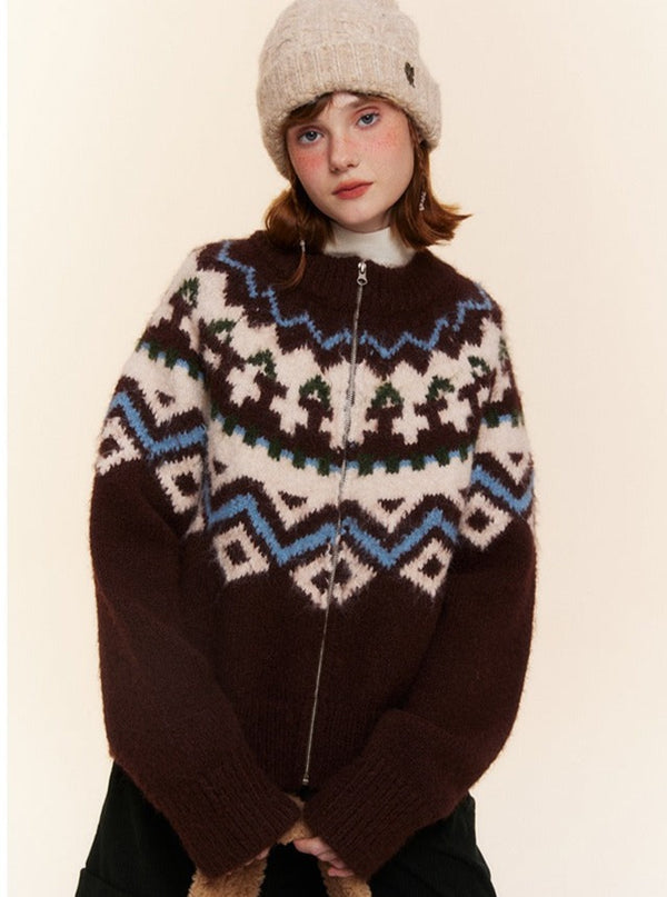 VINTAGE WARM ZIPPER CARDIGAN KNIT JACKET