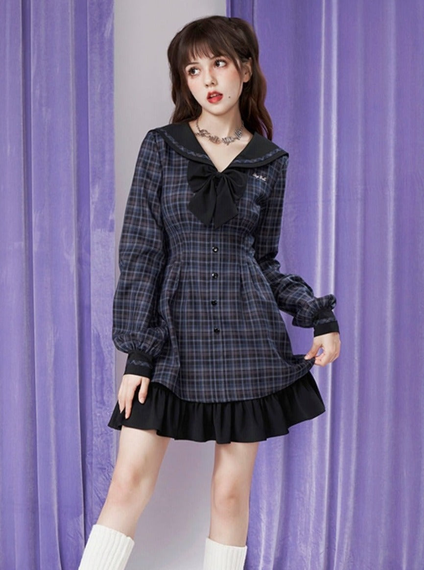 navy collar balloon sleeve plaid dress