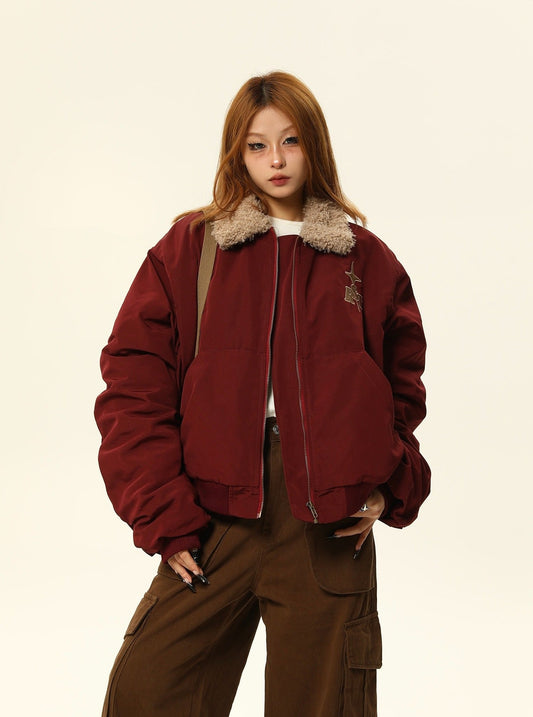 American retro lamb's wool lapel short cotton jacket