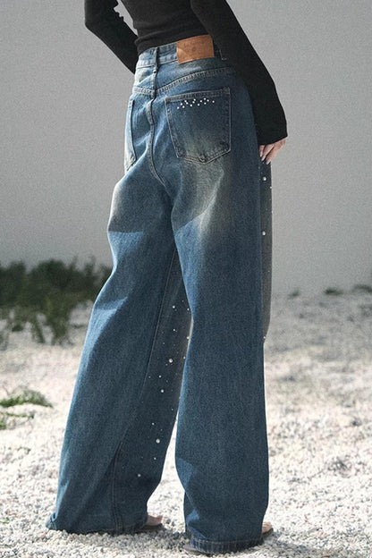 Pantalon en jean bleu clair perlé