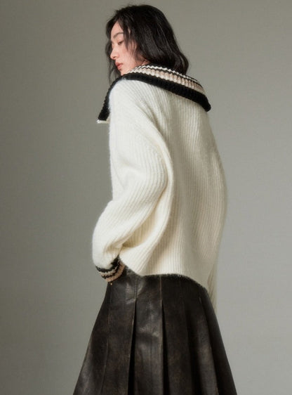 Vintage high-neck knitted cardigan coat