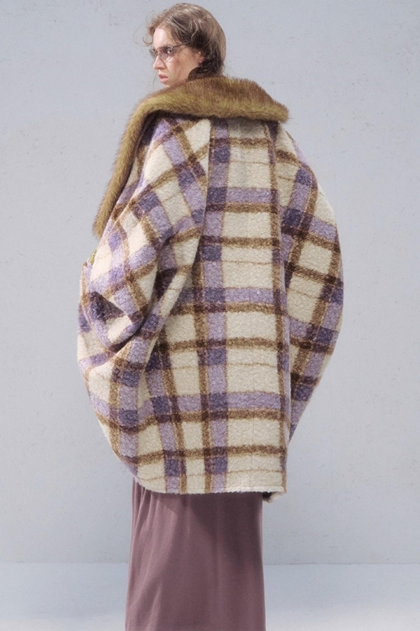 Plaid Fur Collar Woolen Coat