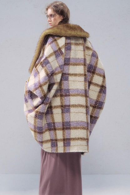 Plaid Fur Collar Woolen Coat