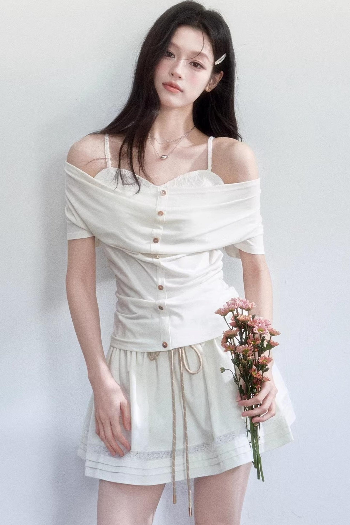 Lyocell Jacquard One-Shoulder Top Set-Up