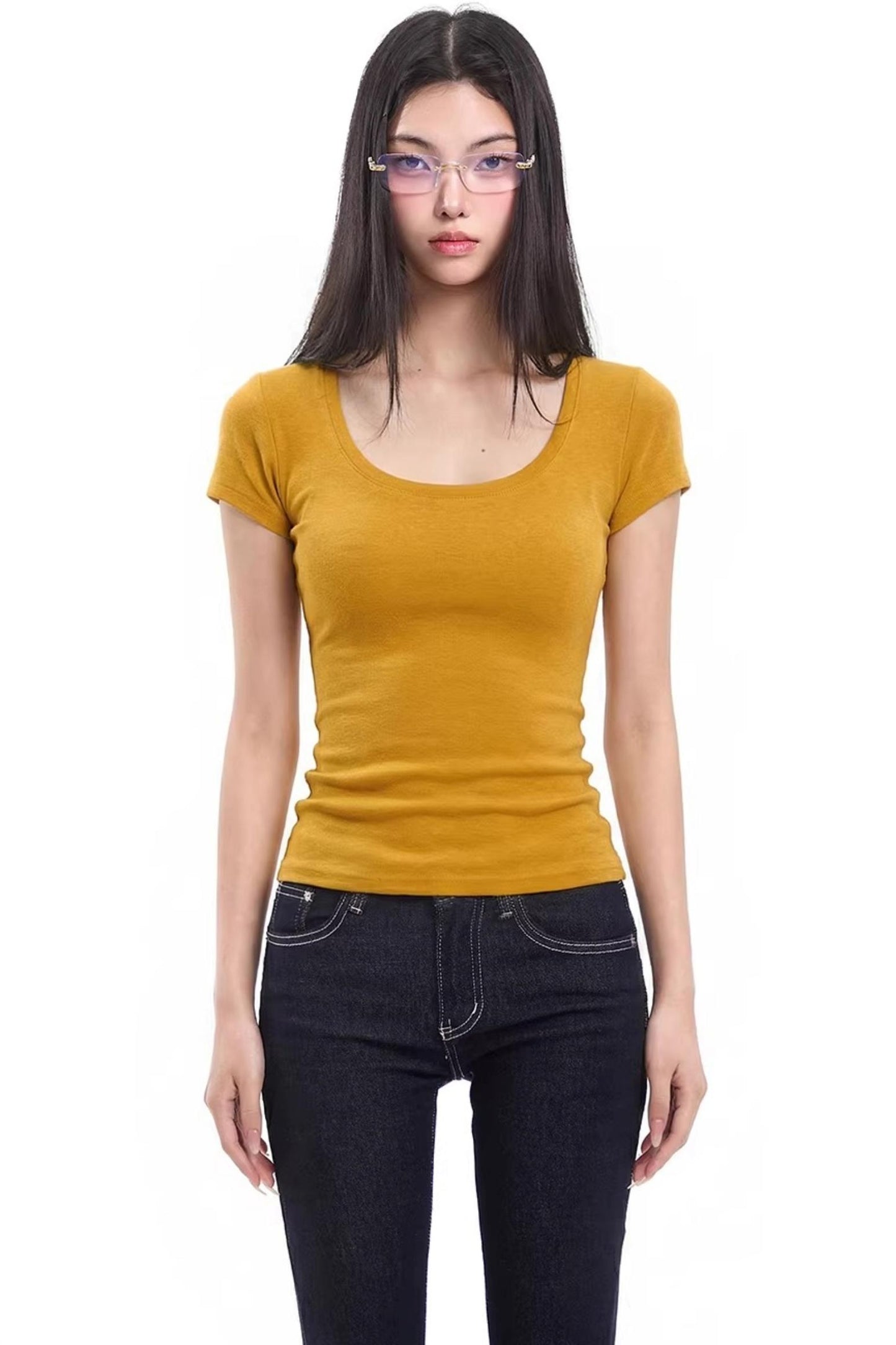 Black Slim-Fit U-Neck Top