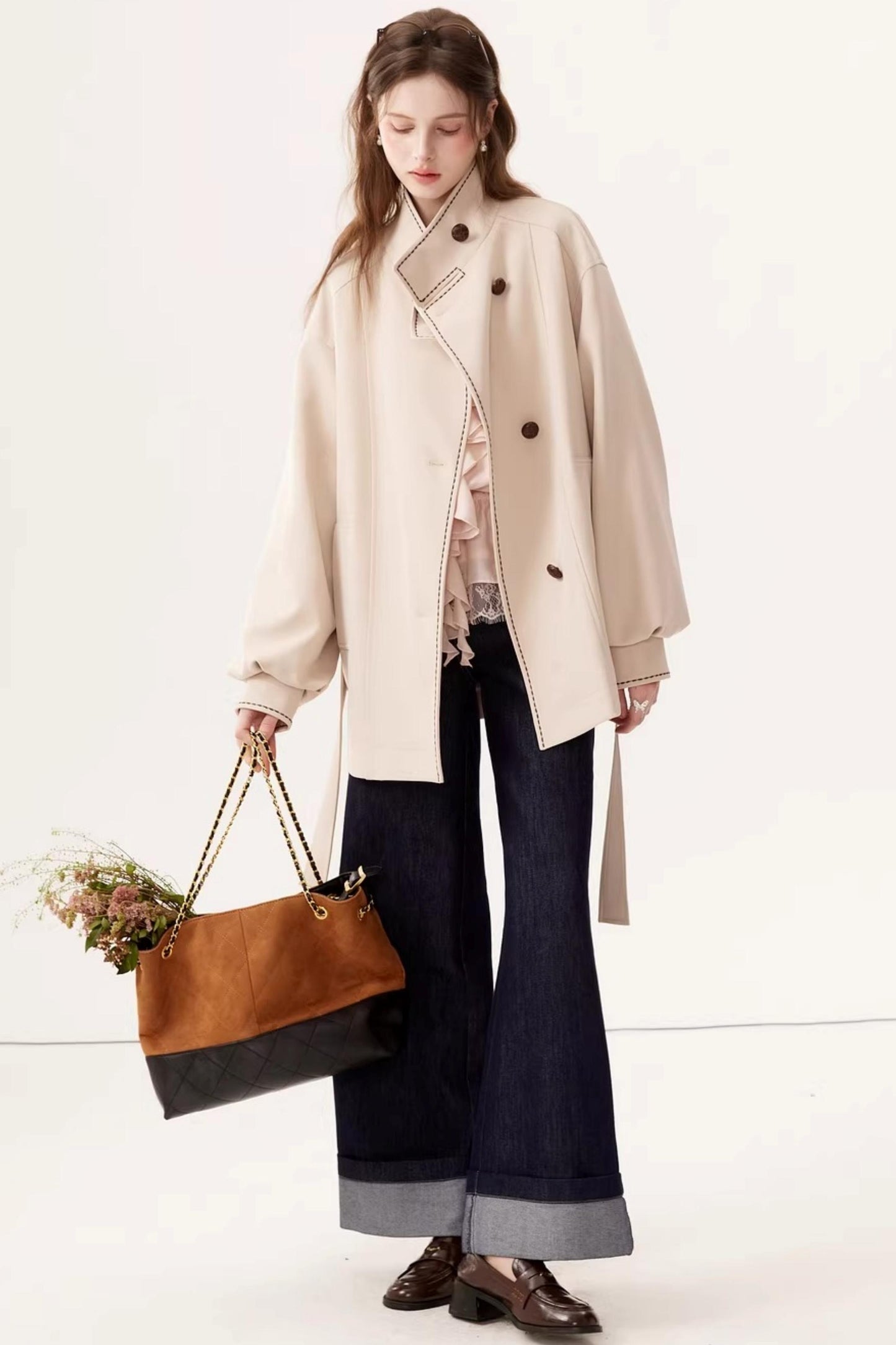 Stand Collar Lantern Sleeve Trench Coat