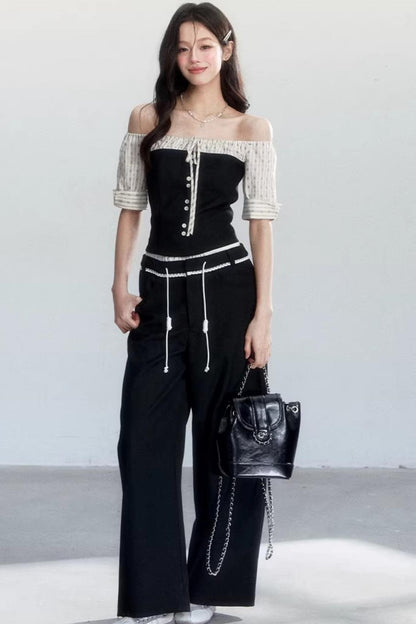 Retro Color-Block Off-Shoulder Top Set-Up