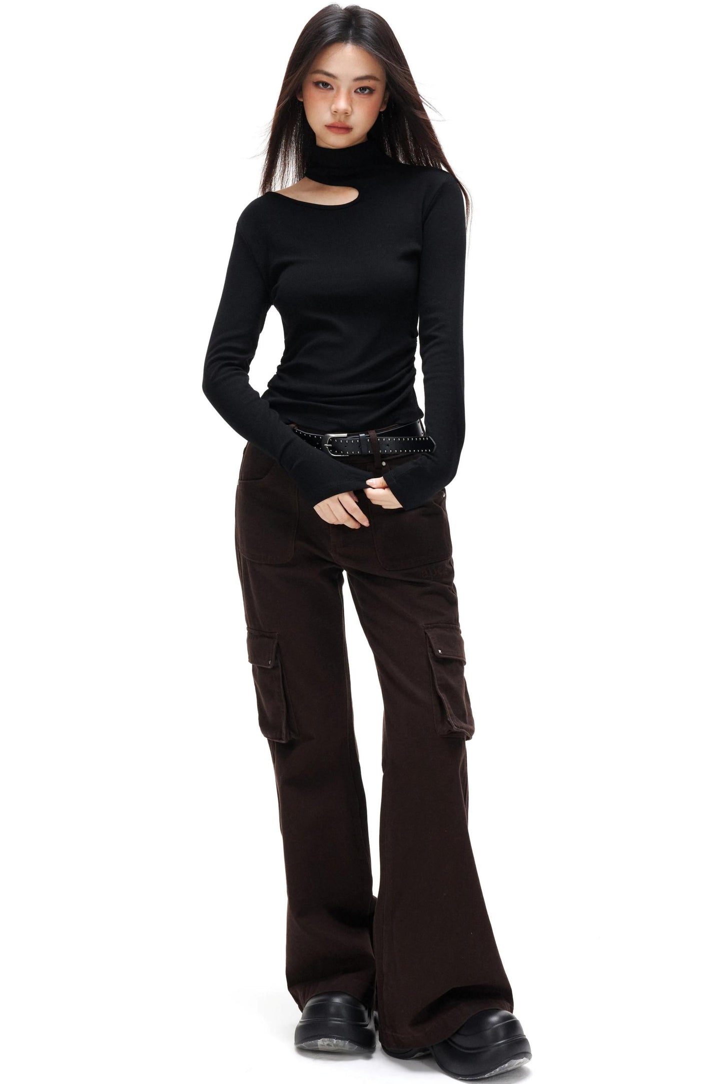 Thin Velvet Pleated Turtleneck Top