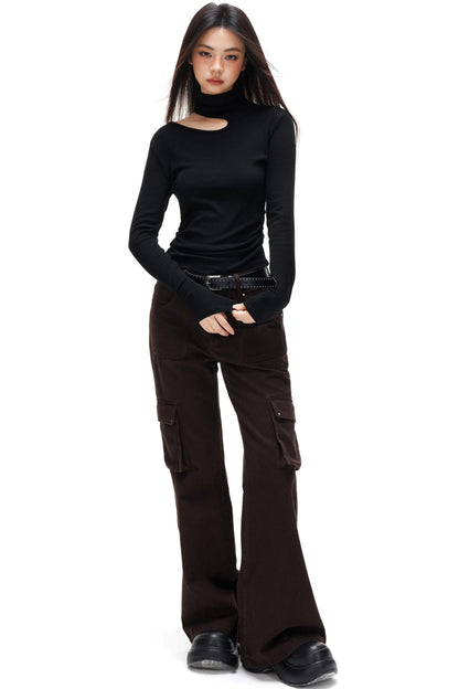 Thin Velvet Pleated Turtleneck Top