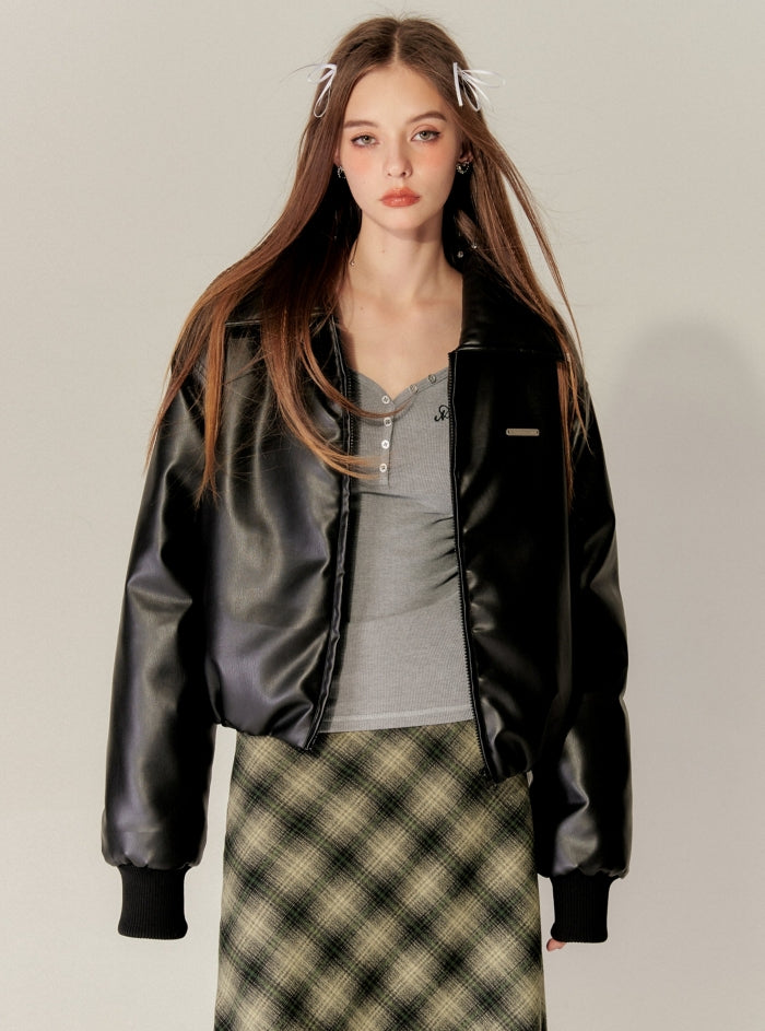 American Retro Lapel PU Lint Jacket