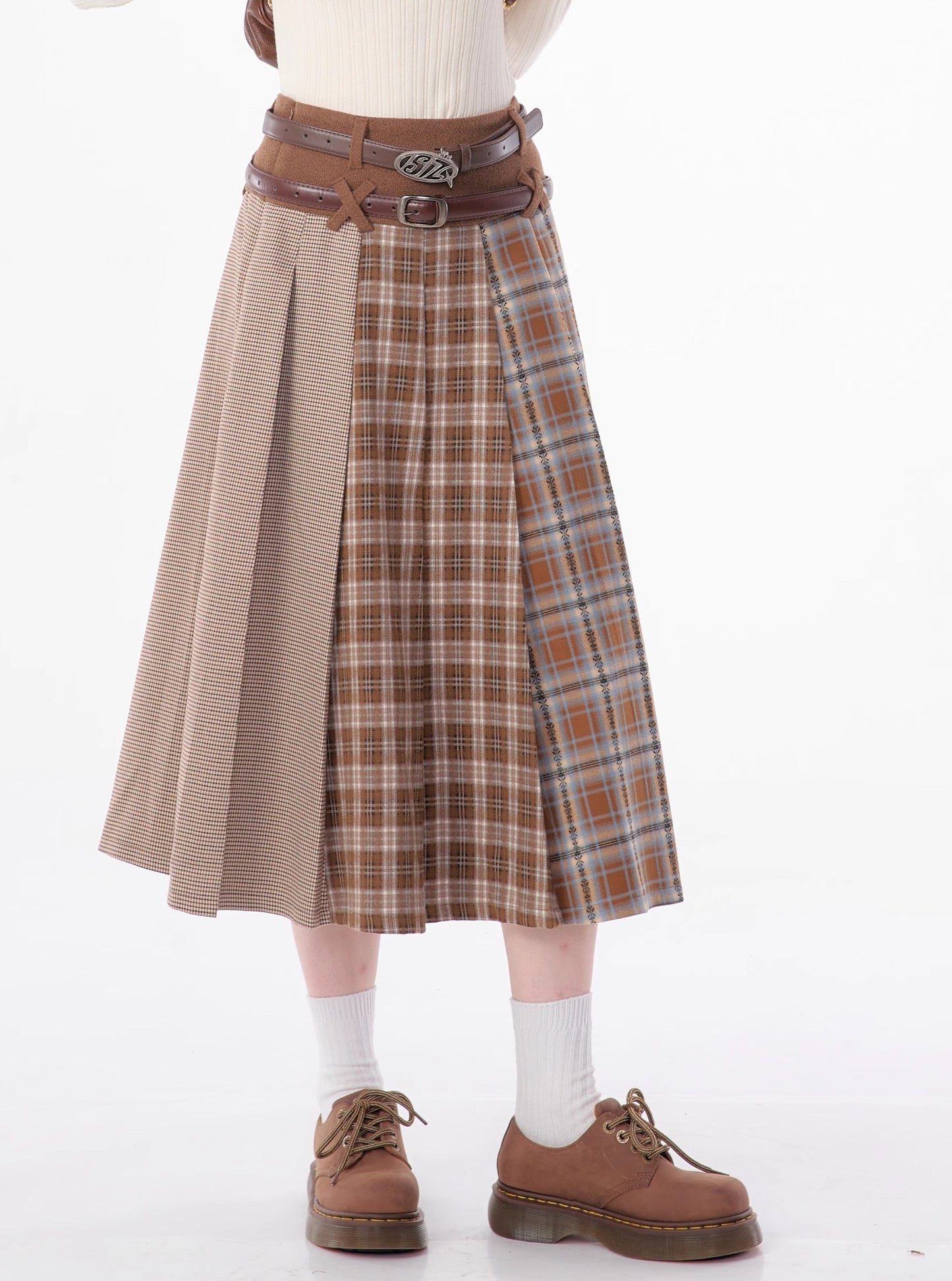 Paneled plaid midi thick tweed pleated skirt