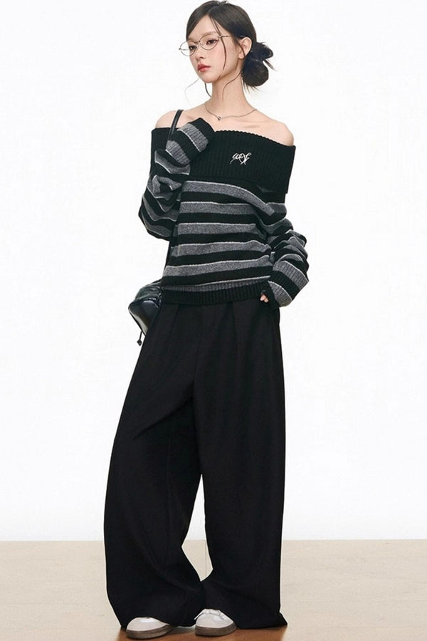 Lazy Striped One-Shoulder Sweater & Wide-Leg Pants Set-Up