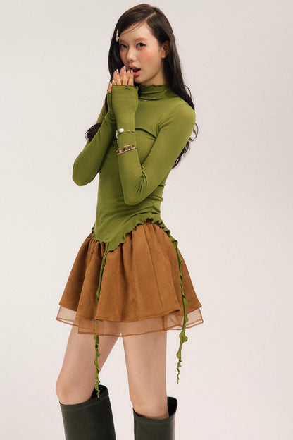 Suede Flower Bud Puffy Skirt