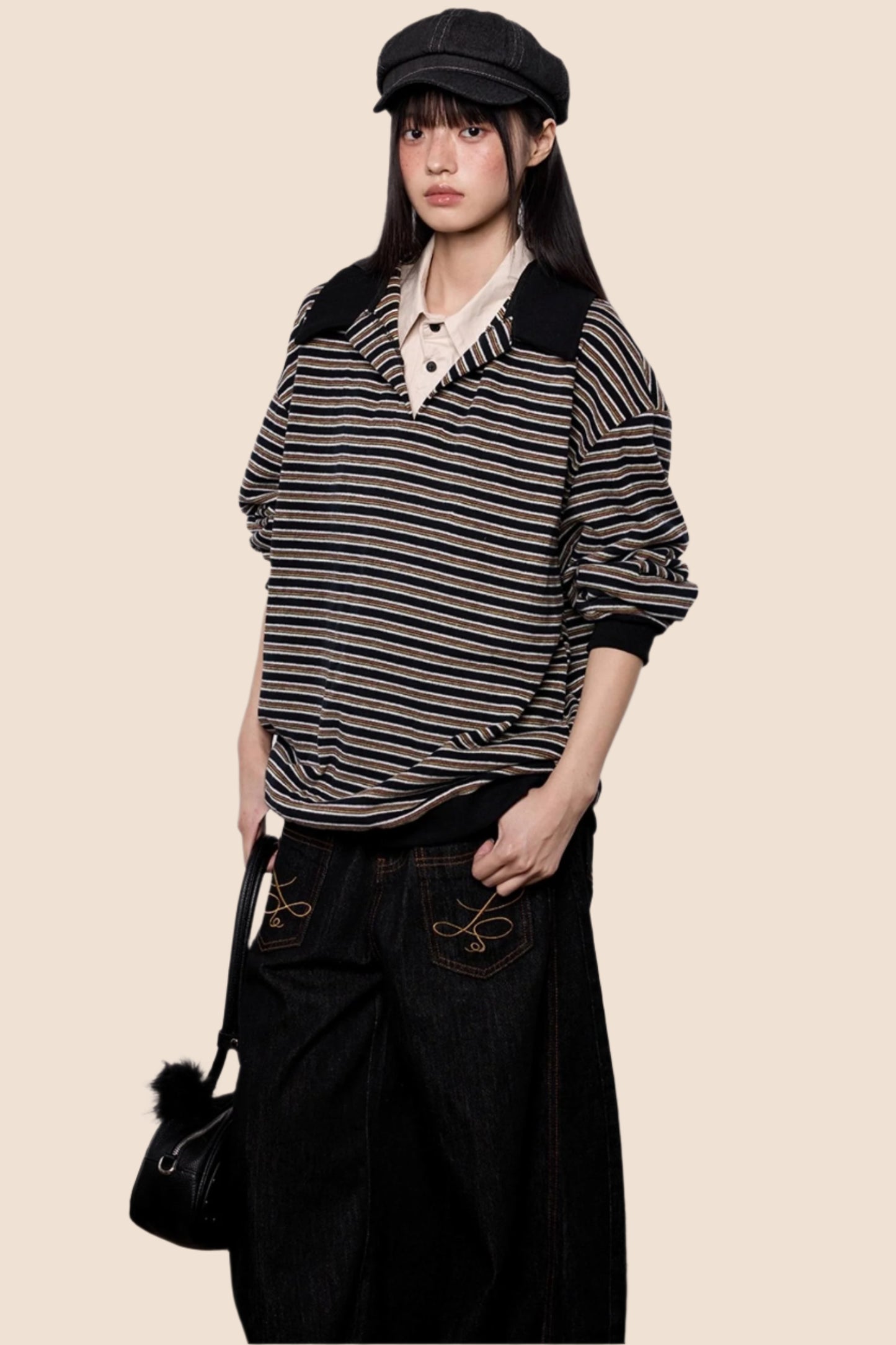 Striped Roll-neck Polo Shirt Top