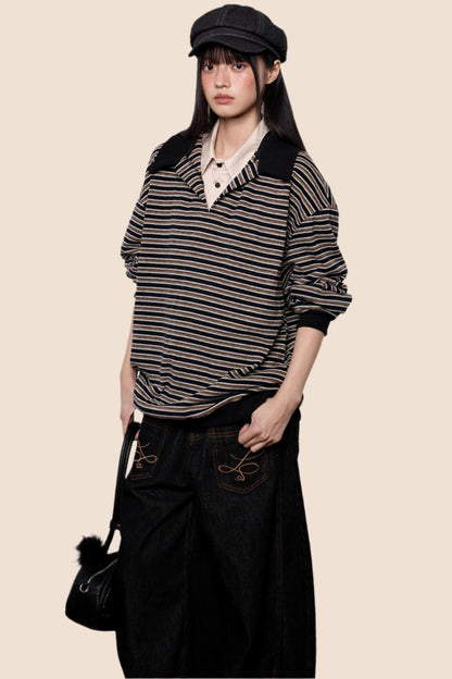 Striped Roll-neck Polo Shirt Top