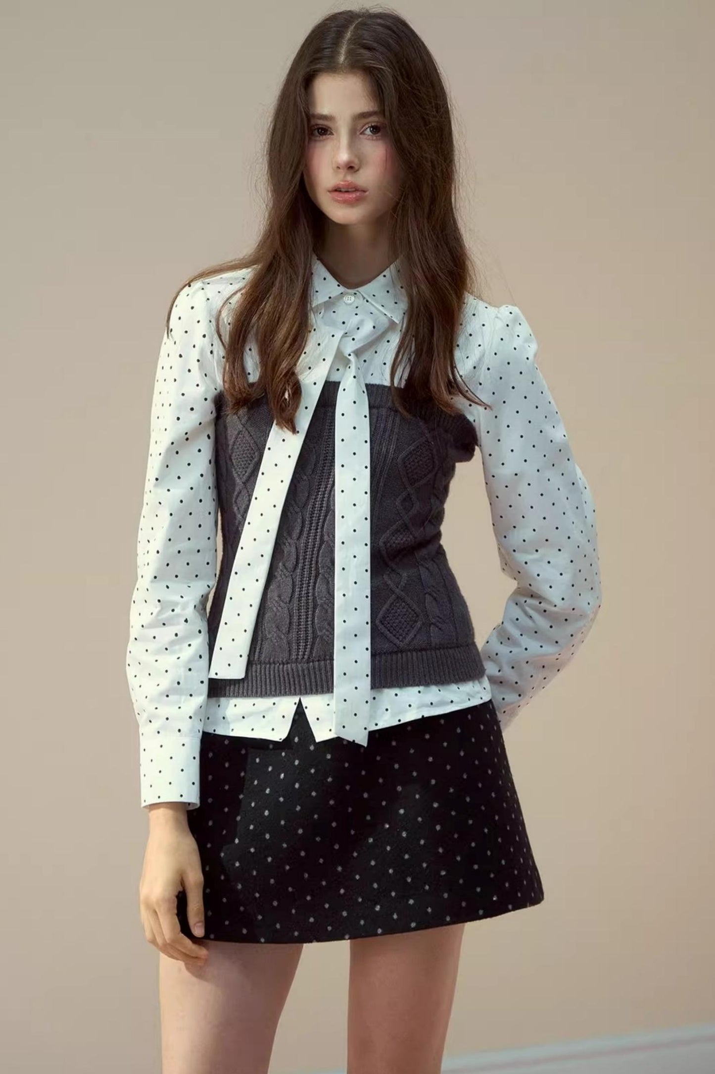Polka Dot Patchwork Shirt And Skirt Set-Up
