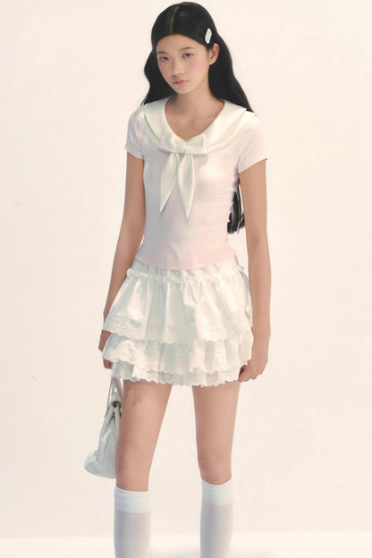 White Lace Tiered Midi Skirt