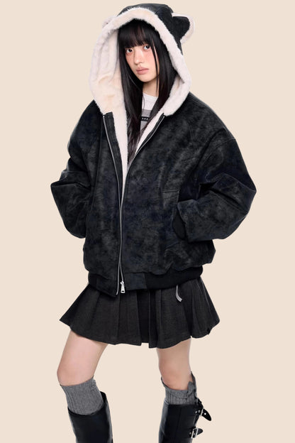 Faux Suede Hooded Fur Coat