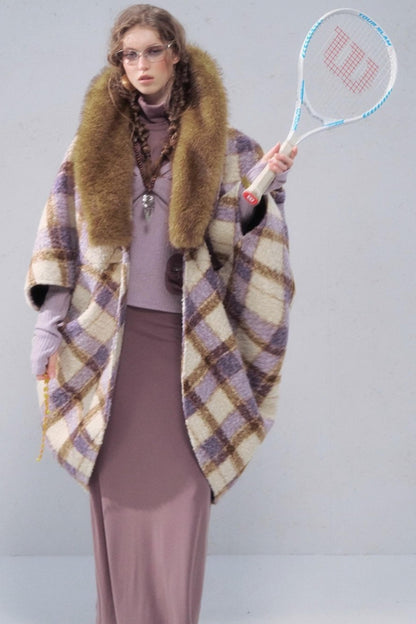Plaid Fur Collar Woolen Coat