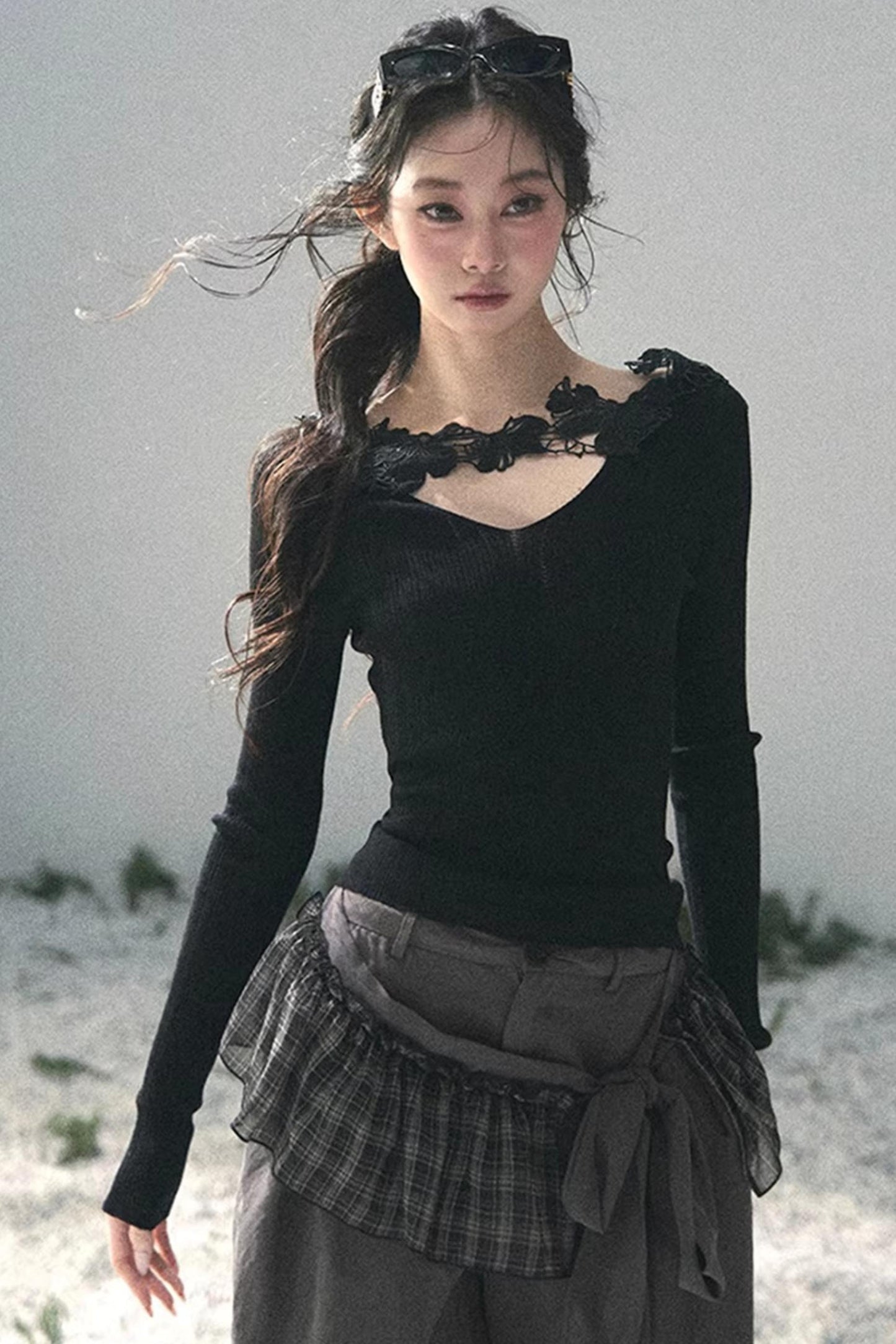 Lace-Trimmed Knitted Top