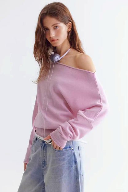 Rolled Edge Off-Shoulder Wool Sweater