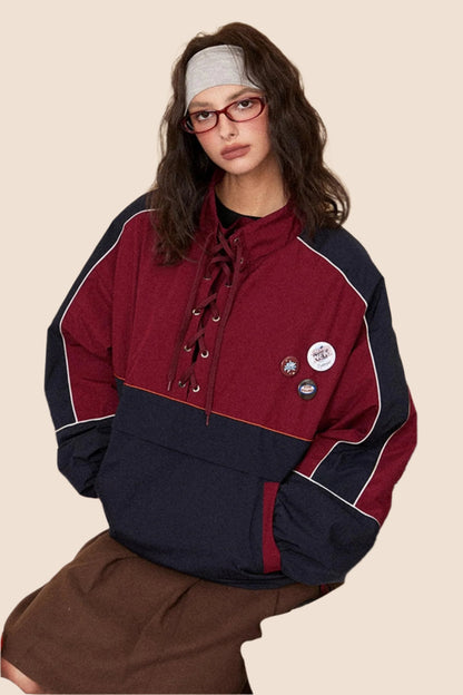 EZEK American Vintage Drawstring Stand Collar, Contrast Panel, Pullover Plus Cotton Padded Sweatshirt, Women's Loose Track Jacket