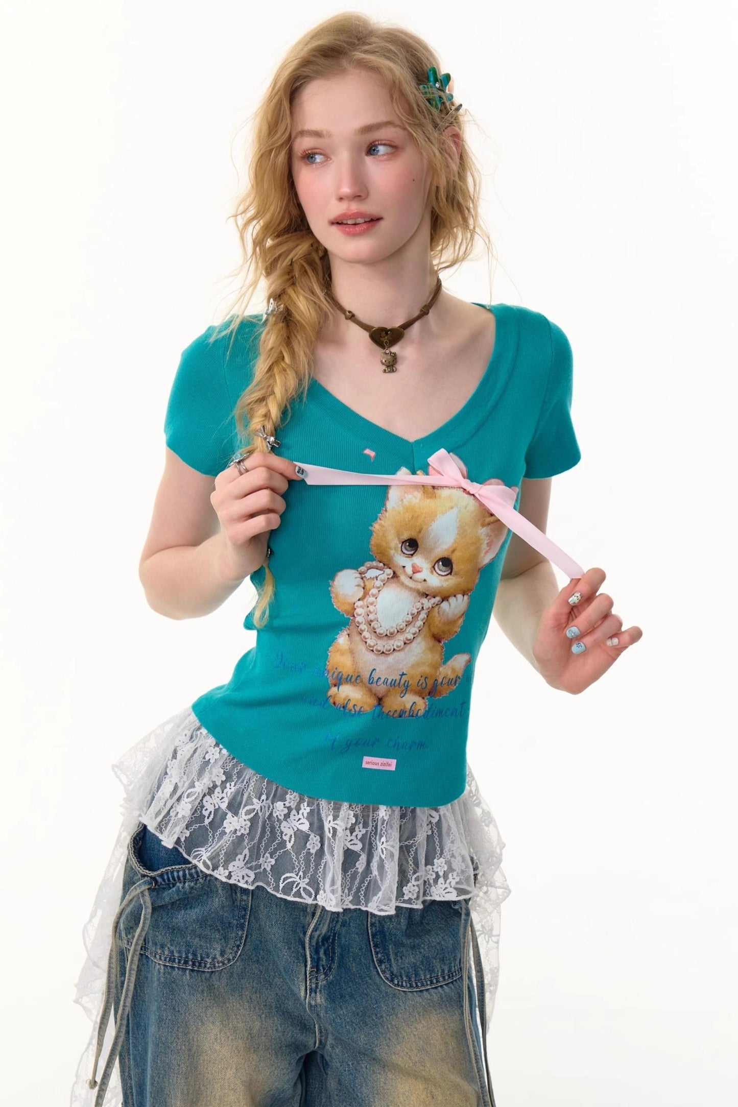 Cat Print V-Neck T-Shirt