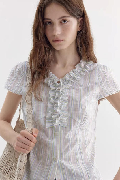 Color-Block Striped Ruffled Blouse