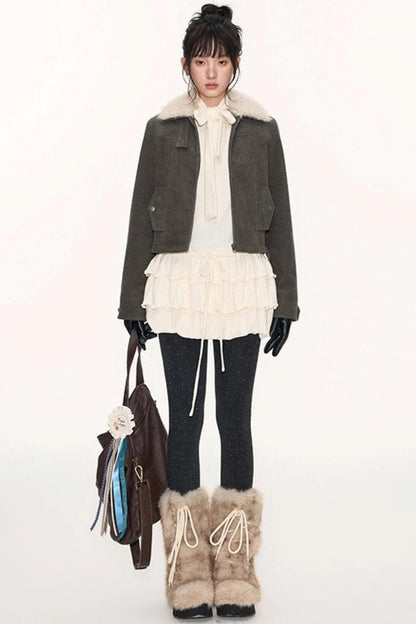 Vintage Fur Collar Jacket With Skirt Set-Up
