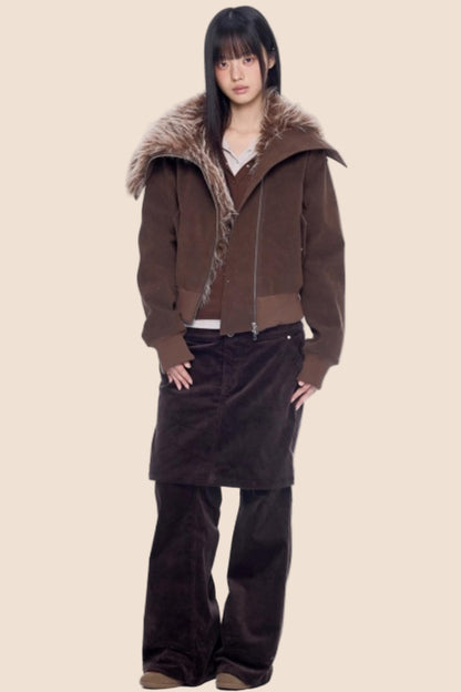 Faux Suede Fur Collar Coat