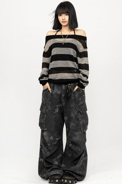 Retro Striped Off-Shoulder T-Shirt