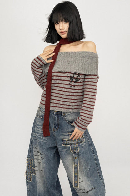 Light Sweet Asian One-Shoulder Knitted Sweater