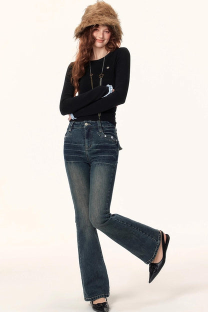 Retro Textured Flared Jeans