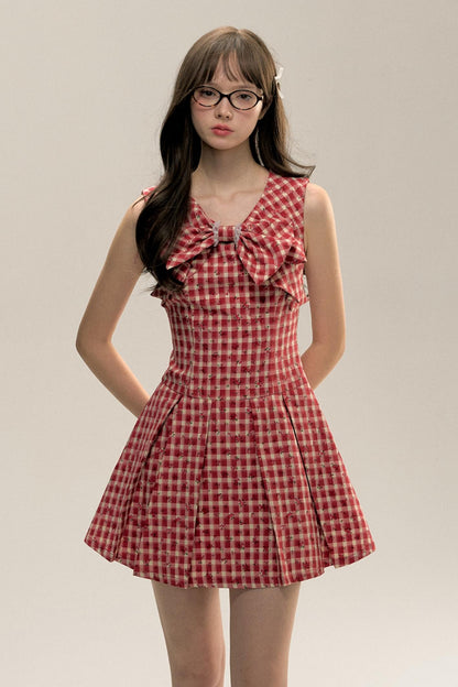 Red Check Floral Bow Vest Dress