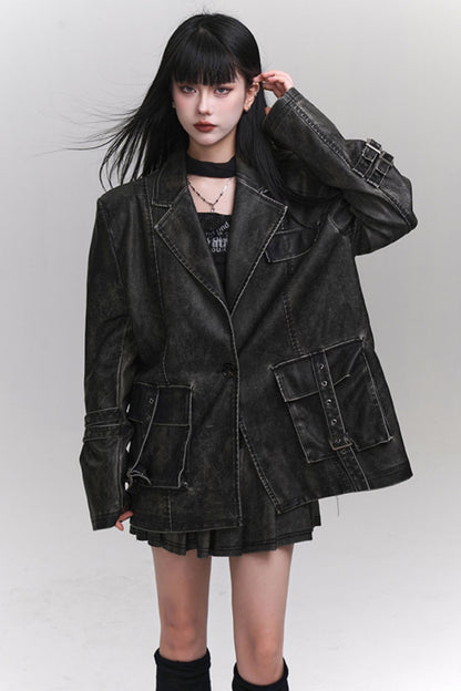 Ghost Girl Autumn and Winter Unique Super Good-looking Old Leather Jacket Women's 2024 New Cool Drag Sister Outfit