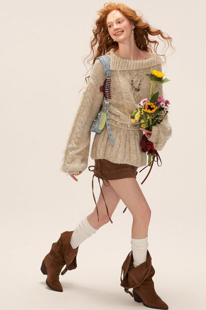 Lapel Tie Waist-Cinching Knit Sweater