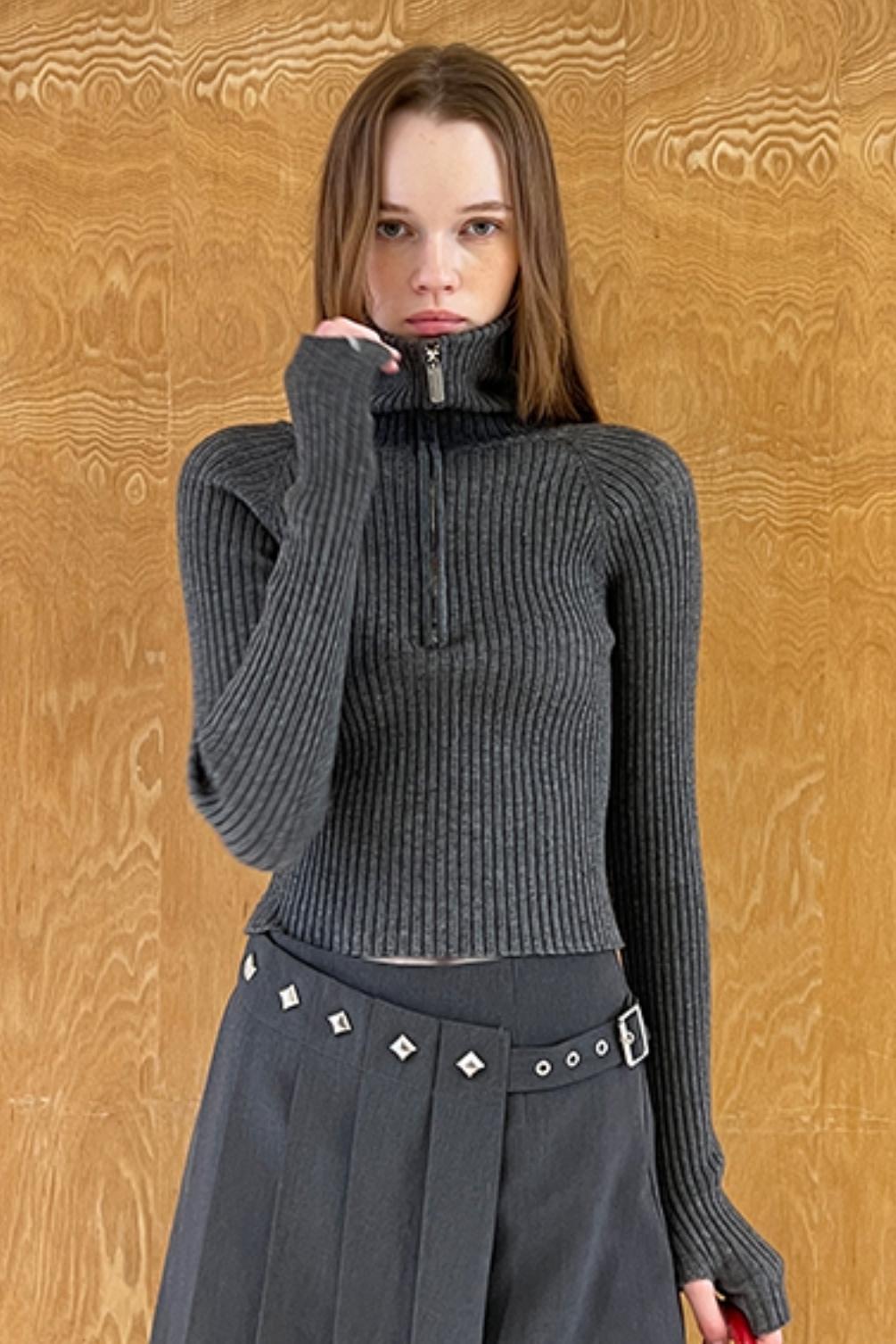 Zipper Stand Collar Slim Fit Sweater