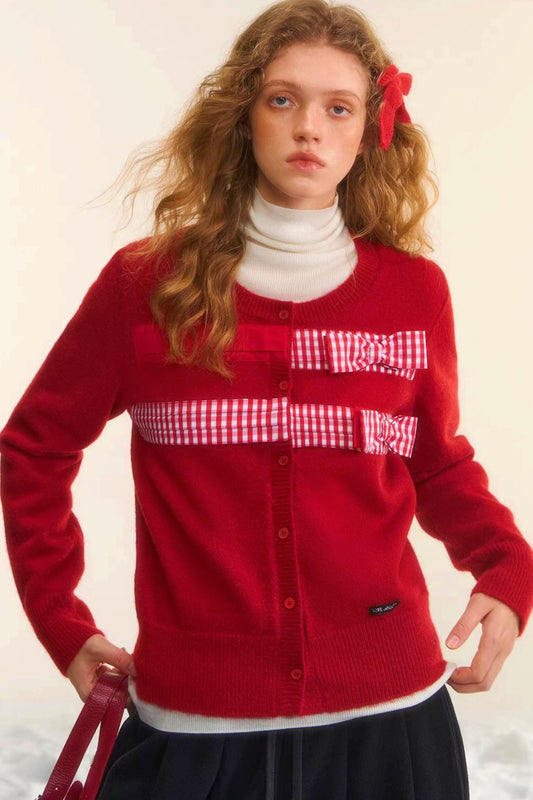 Plaid Patchwork Bow Cardigan