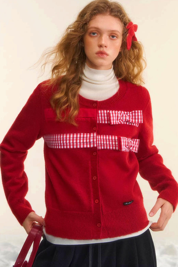 Plaid Patchwork Bow Cardigan