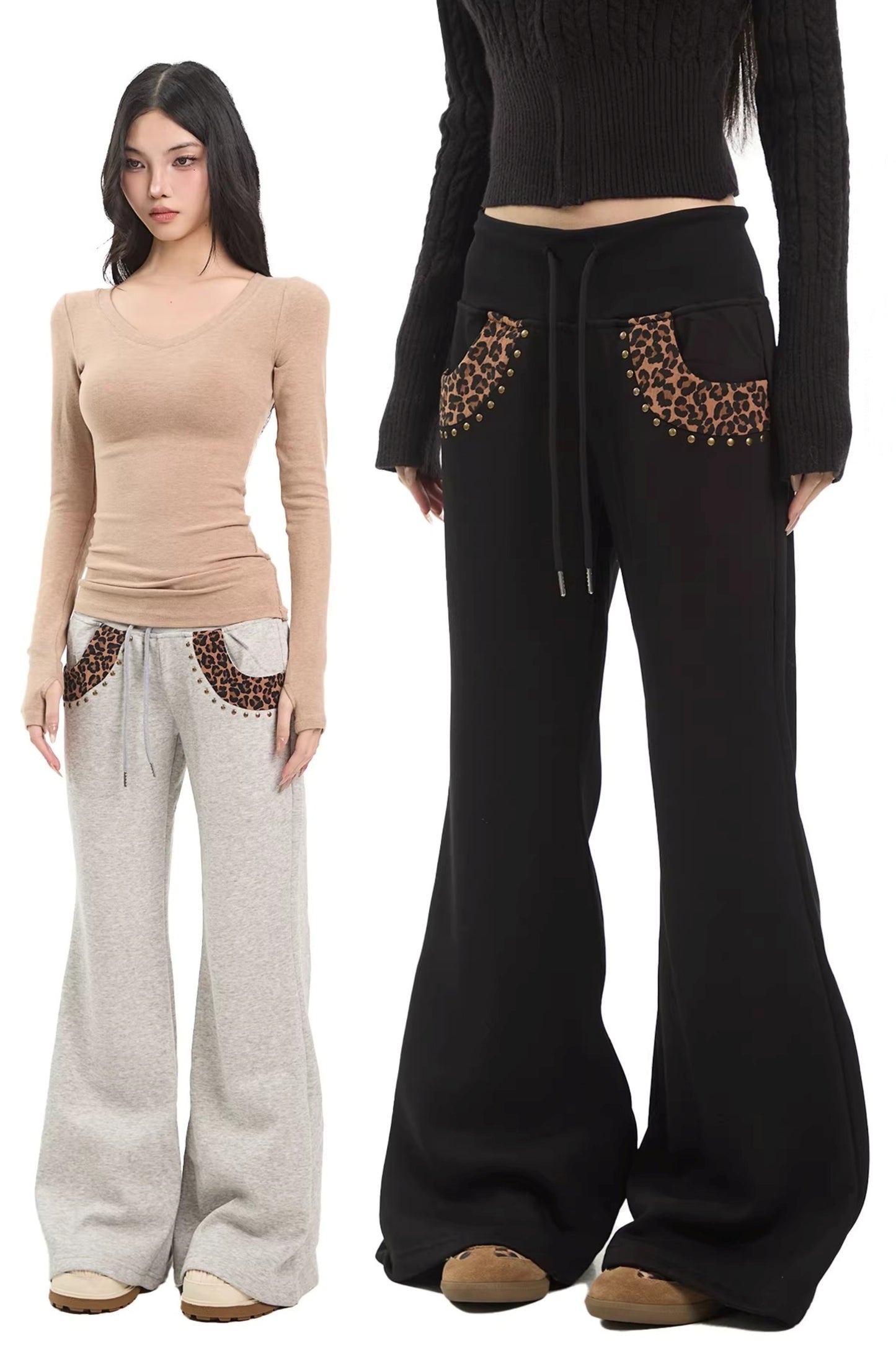 Leopard Print Patchwork Flared Pants