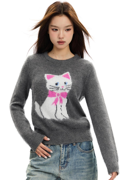 Intarsia Cat Mohair Knit Top