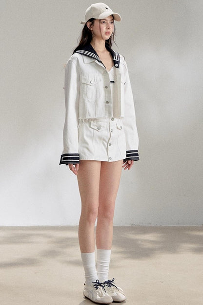 White Navy Short Denim Jacket Set-Up