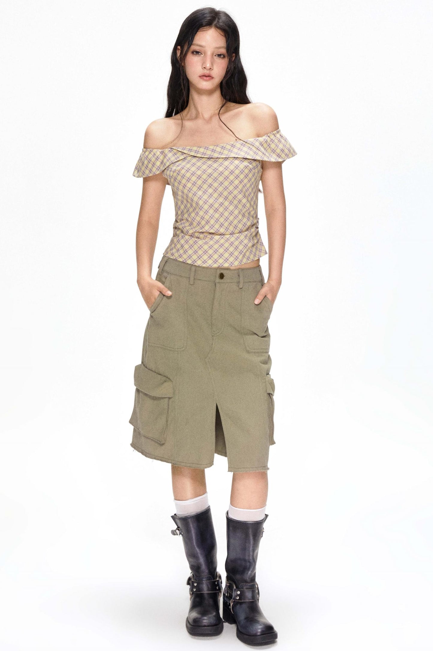 One-Shoulder Yellow Plaid Blouse